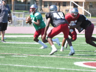 DHS’ J.R. Blood rolls out during spring practice.